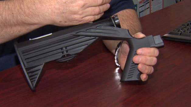 Essex Police Chief Peter Silva held up a bump stock that someone turned in this week as the Massachusetts ban on the devices went into effect. “To my knowledge, this is the only one that’s been turned in to date,” he said. State Police said they received three bump stocks and one trigger crank, as Massachusetts now becomes the first state in the country to make the devices illegal.